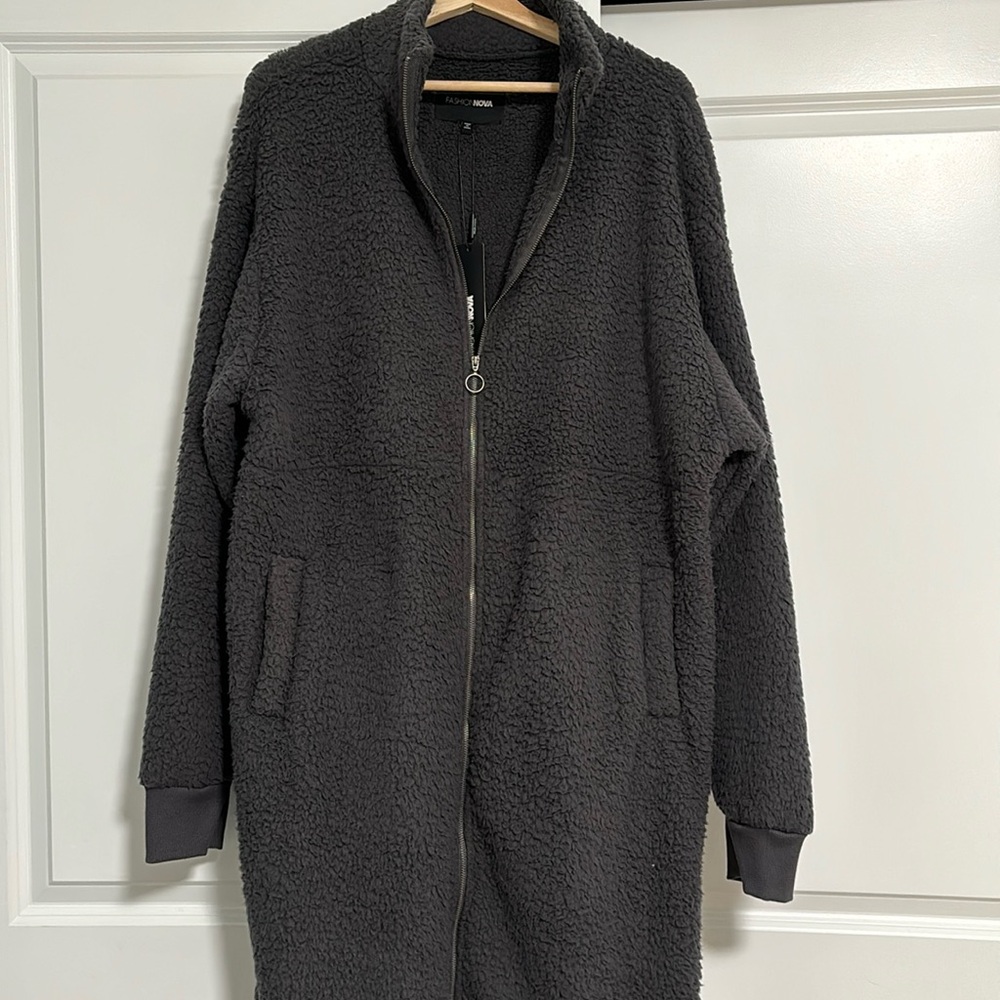 Charcoal fluffy Sherpa maxi coat long sleeve pockets zipper high neck collar